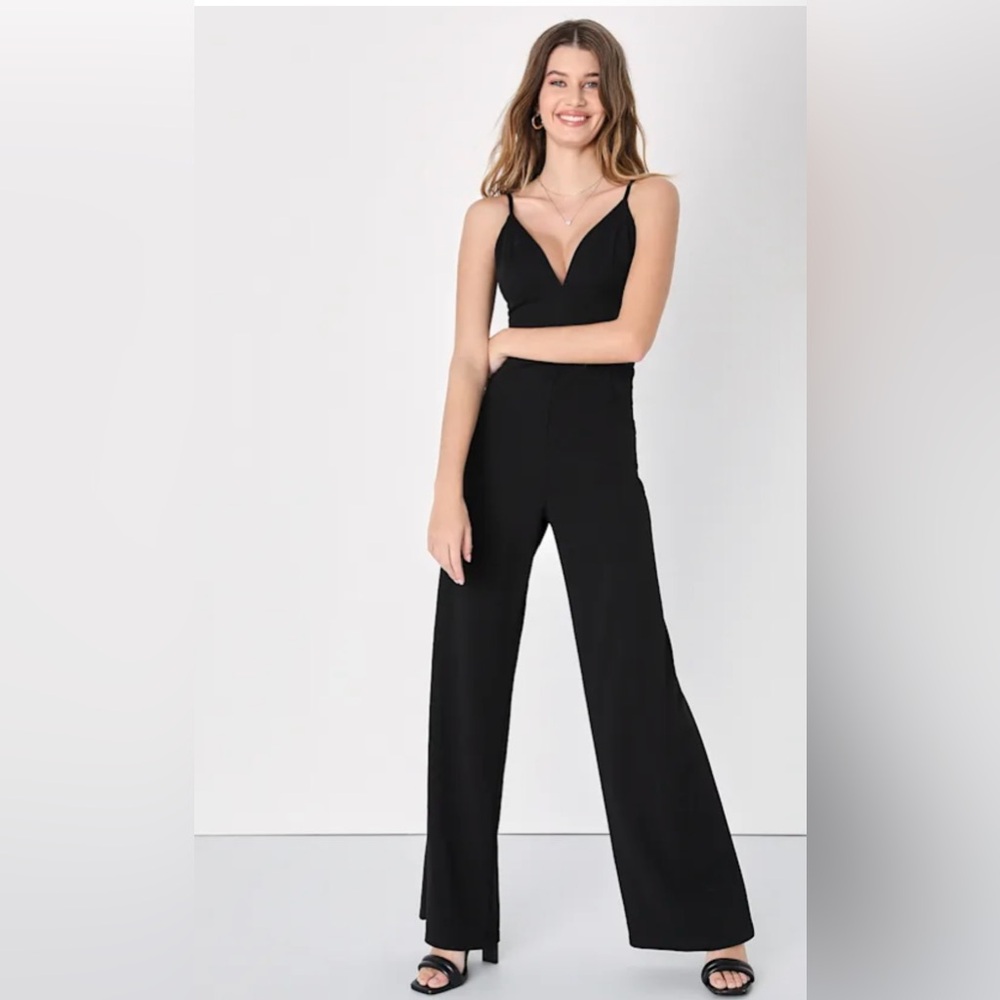 Lulus Fierce Flirt Black Plunge Sleeveless Wide-Leg Jumpsuit Size XS